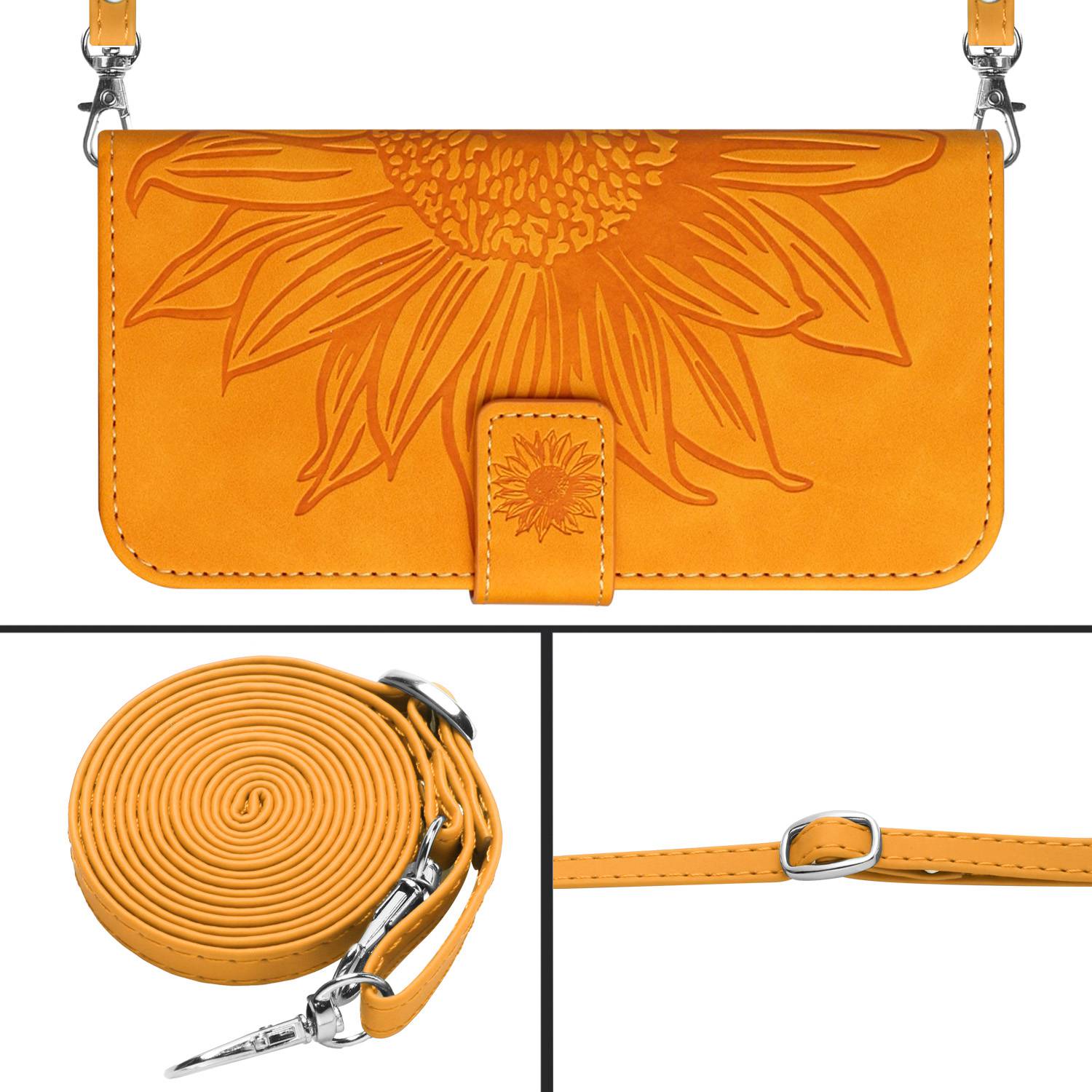 HT04 For Motorola Moto G34 5G Leather Case Sunflower Pattern Phone Cover with Crossbody Strap - Yellow HT04 For Motorola Moto G34 5G Leather Case Sunflower Pattern Phone Cover with Crossbody Strap - Yellow